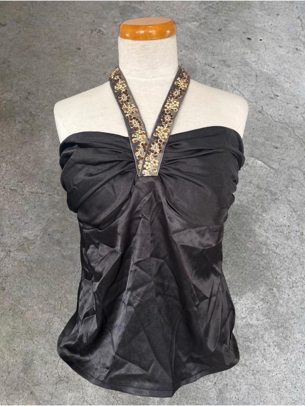 le chateau Black Satin Halter Top with Embellished Strap
